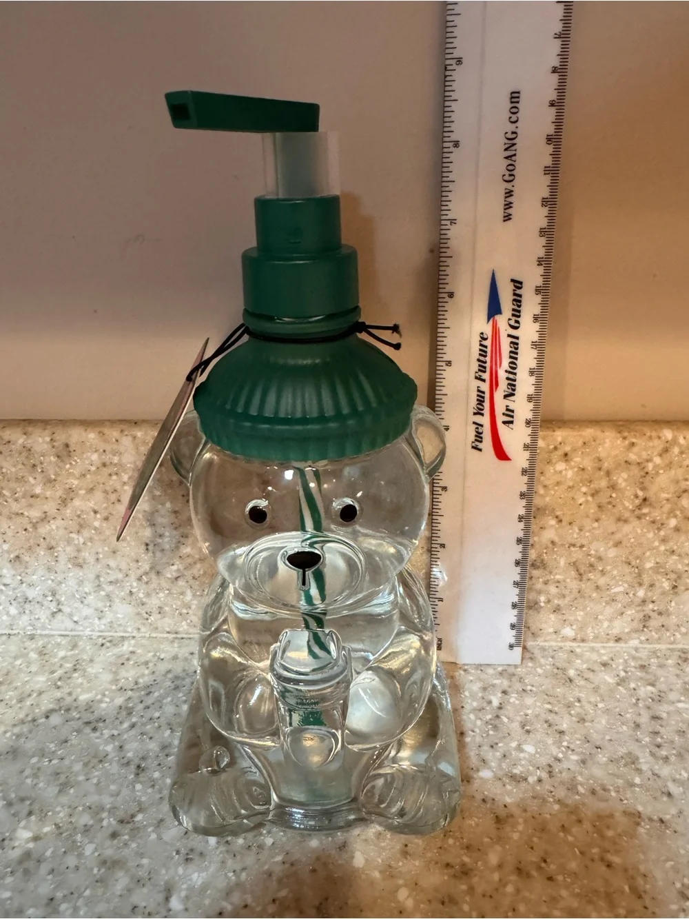 Clear Glass Bear Holding Coffee Soap Dispenser with Pump Resembles Starbucks